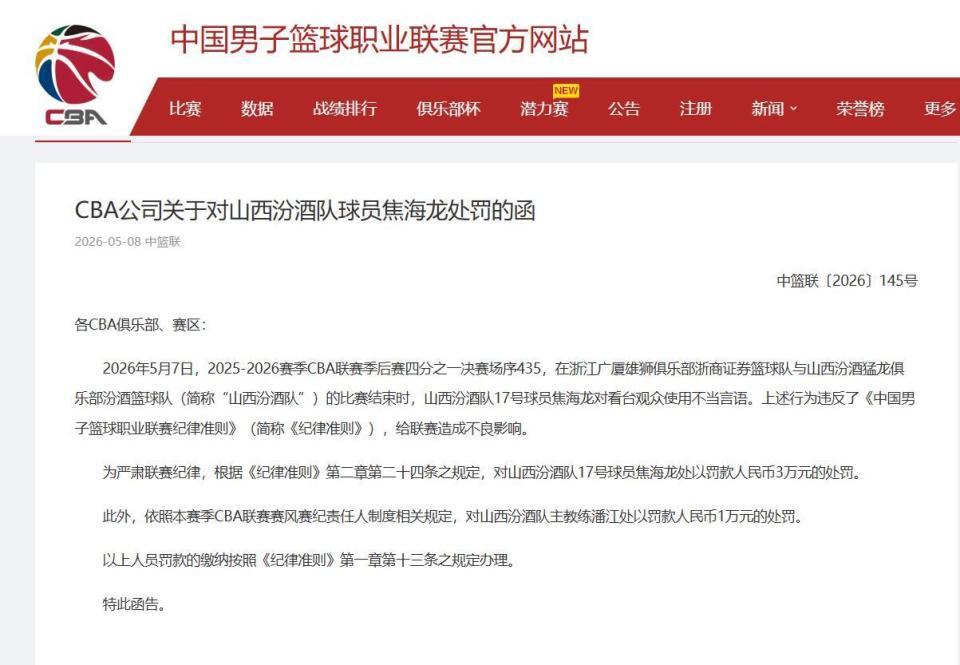 山西男篮又被重罚，焦海龙3W、潘江1W；孙铭徽计划提前复出